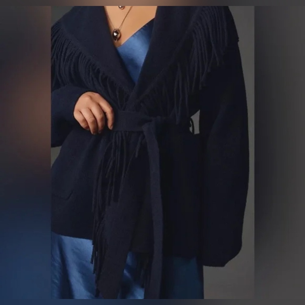 Anthropologie NVLT Fringe Tie Waist Knit Jacket, Navy, SMALL